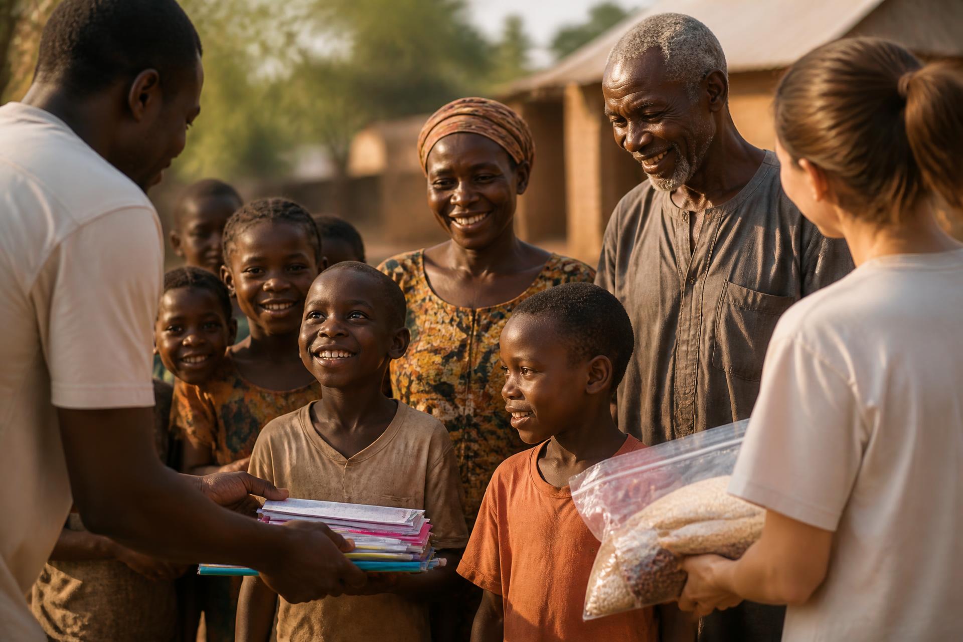 Children, a mother and an elderly man receiving school supplies and food from volunteers in their community