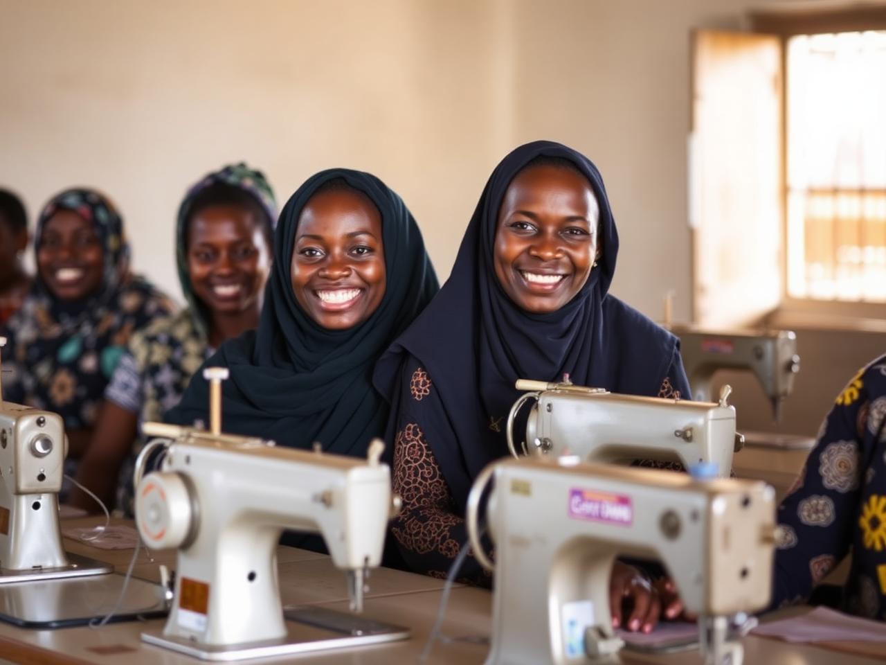 Women learning tailoring in a foundation skills acquisition workshop